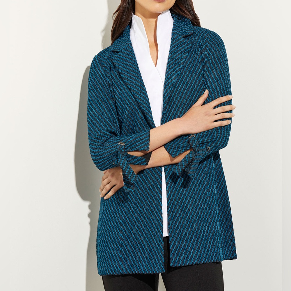 Misook Women’s Galactic Teal & Black Tie Cuff Tailored Knit Jacket- Size Large - Picture 13 of 13